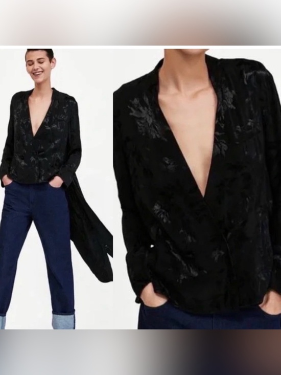Zara Jackets & Blazers - Zara black satin floral embroidered jacquard Brocade high-low blazer jacket Sz L